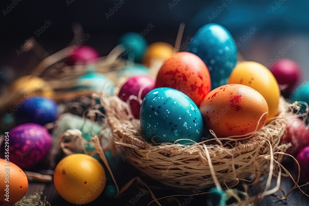 Poster table with a colorful nest full of eggs. generative ai