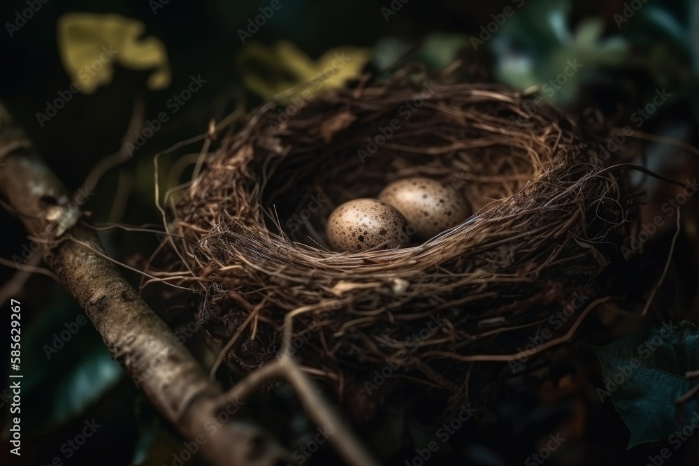 Poster three eggs resting in a nest on a tree branch. generative ai