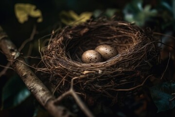 three eggs resting in a nest on a tree branch. Generative AI