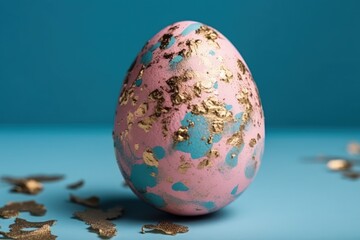 decorative Easter egg in pink and gold on a blue background. Generative AI