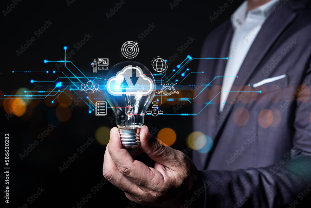 Leinwandbilder Big data analytics and business intelligence concept with chart and graph icons on a digital screen interface and a businessman in background