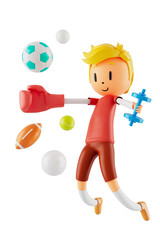 person cartoon character boy and girl with sports objects. 3d illustration. fitness activity action. man in a sports game. healthy concept. 3d ball. exercise action.smartphone smartwatch design.