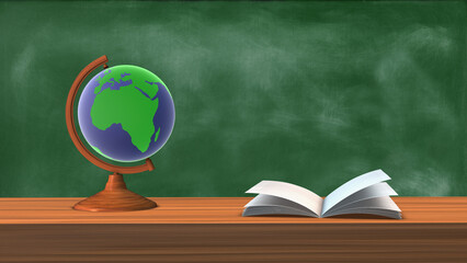 Happy Teachers Day celebration with a book open and a globe with copyspace