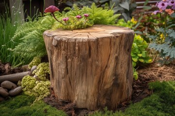 wooden podium pedestal with overgrown plants with a nature theme