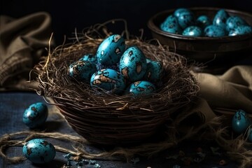 Fototapeta na wymiar basket filled with blue eggs on a wooden table. Generative AI