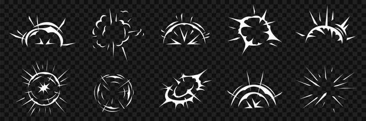 Mango explosion effects set. Vector cartoon motion explosion effects set. Vector moving flash graphic, comic force explosions or energy shaped graphic designs.