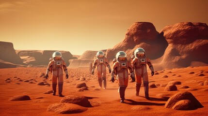 Astronauts on Mars, spacemen walking on red planet, generative AI.	