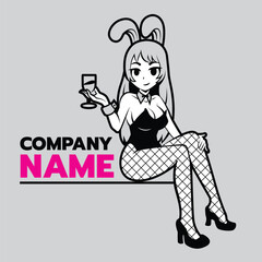 Sexy bunny hold soft drink glass character logo in anime style.You can use your or your organization's name instead of word 