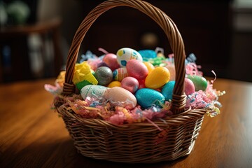 Fototapeta na wymiar colorful wicker basket filled with Easter eggs on a wooden table. Generative AI