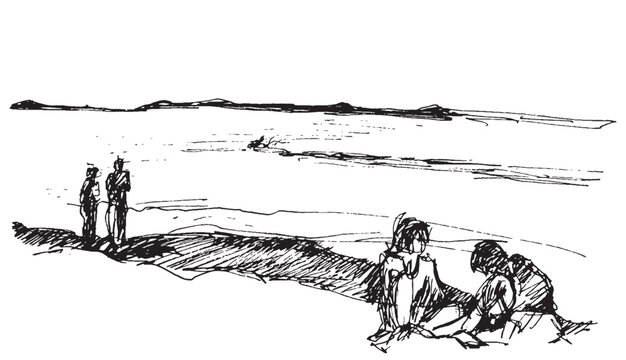 Illustration black and white graphics people sit walking along the shore horizon landscape. freehand sketch