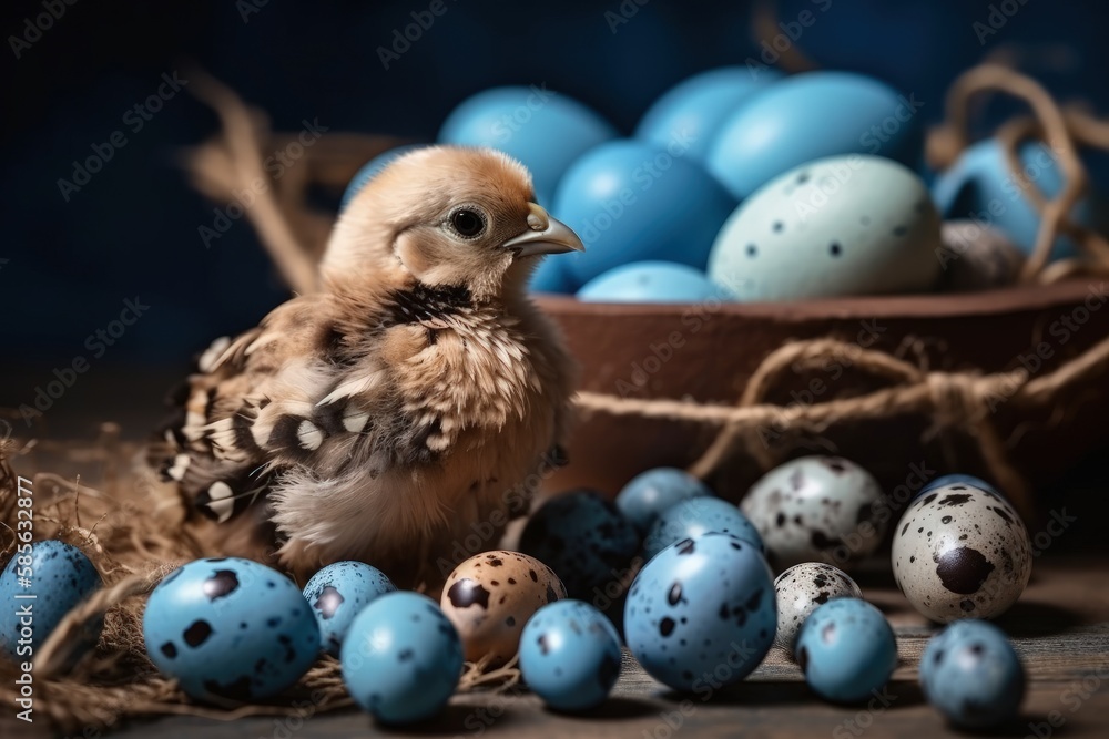 Poster bird perched on top of a nest of eggs. generative ai