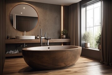 Fototapeta na wymiar luxurious bathroom with a spacious bathtub and a circular mirror. Generative AI