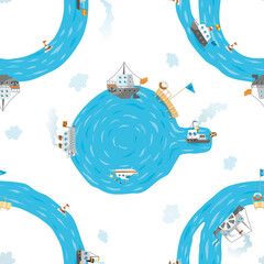 Seamless pattern with steamships channels and clouds 