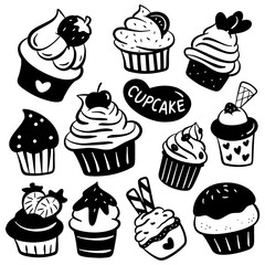 Hand drawn cupcakes silhouette doodle design element