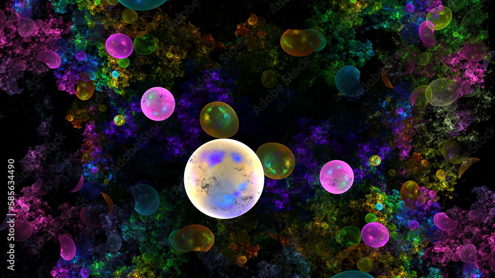 Poster luminous modern abstract background, fractal world. digital space for use in design. round shapes an