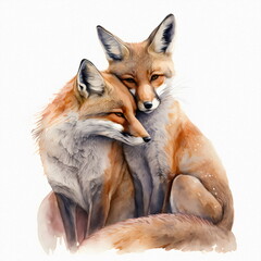 Two red foxes in love hug, Valentine's day and all lovers, isolate. postcard, print. 