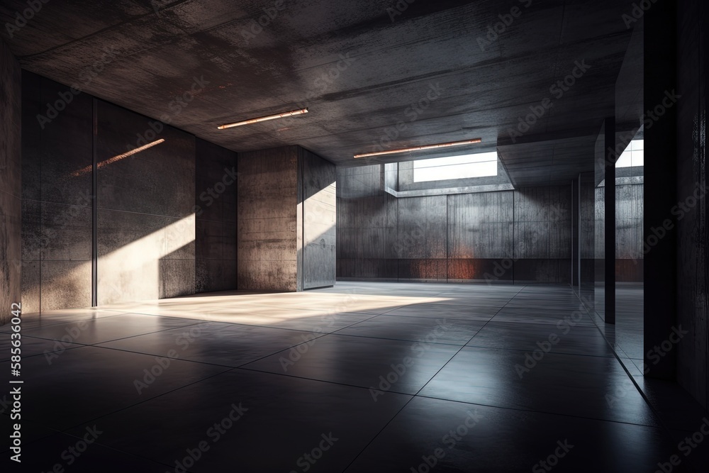 Poster an empty room with minimalist concrete walls and floor. generative ai