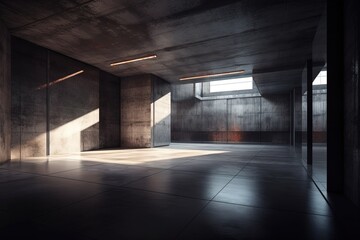 an Empty Room with Minimalist Concrete Walls and Floor. Generative AI