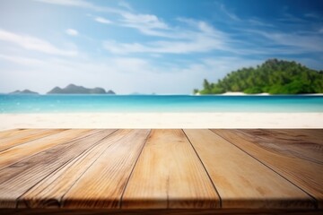 Fototapeta premium wooden table top with a beautiful island landscape in the background. Generative AI
