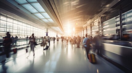 Abstract airport interior blur with travellers. Generative AI - obrazy, fototapety, plakaty