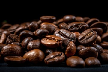 Obraz premium heap of fresh coffee beans on a wooden table. Generative AI