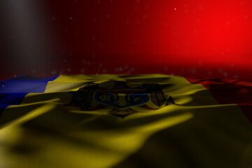 nice celebration flag 3d illustration. - dark illustration of Moldova flag lie on red background with soft focus and empty place for content