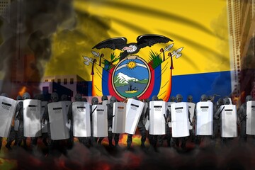 Ecuador protest fighting concept, police swat on city street are protecting country against disorder - military 3D Illustration on flag background