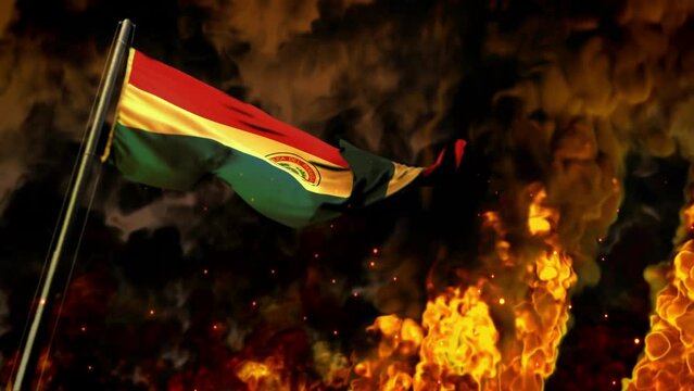 waving Paraguay flag on burning fire bg - cataclysm concept