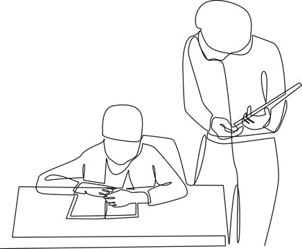 One line drawing of female teacher collect student scoor in exam. School education activity concept. Continuous line draw design graphic vector illustration.