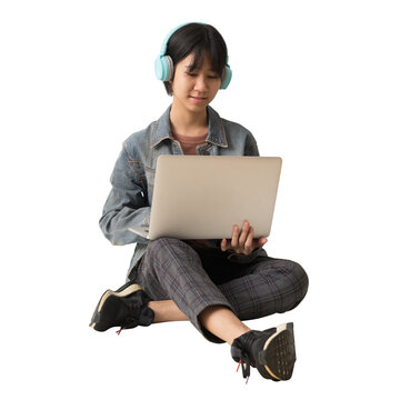 full body portrait young Happy Asian teen girl siting holding laptop computer, isolated on white and transparent background