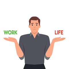 Vector flat linear illustration - work and life balance concept - man choosing between business and personal