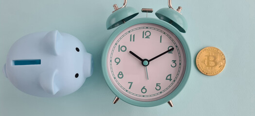 Piggy bank alarm clock bitcoin cryptocurrency. Cryptocurrency business