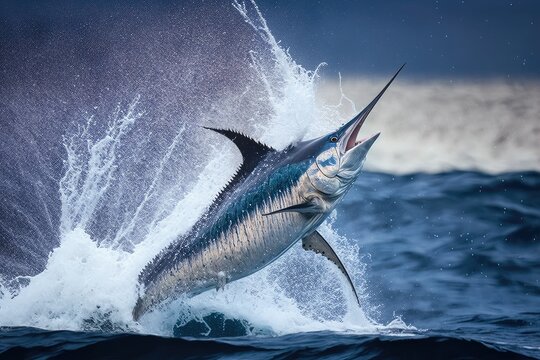 marlin jumping out of water to catch its next meal, created with generative ai