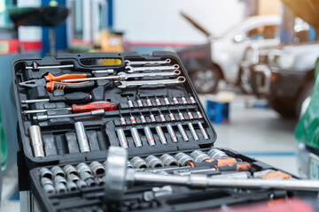 Auomobile repair, Equipment of Mechanic, Equipment for work hard in workshop garage support and service.