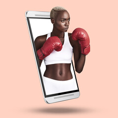 Phone, boxing and fitness app with black woman on studio background for sports, workout or...