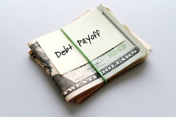 Dollars cash money in rubber band with text written note  DEBT PAYOFF , on copy space background -...
