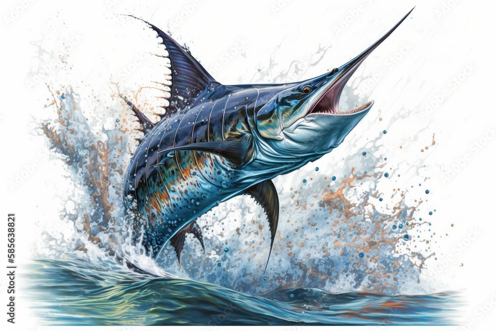 Poster marlin leaping out of the water, its bill and fins in full view, created with generative ai