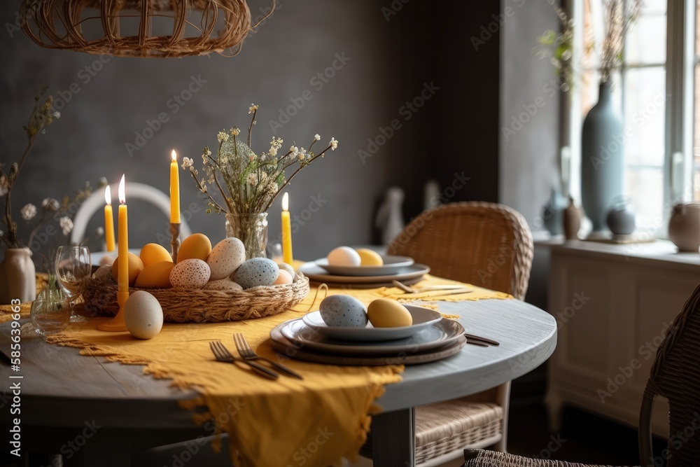 Poster rustic table set with eggs and candles in a cozy home setting. generative ai