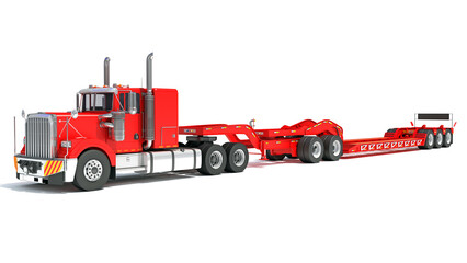 Semi Truck with Lowboy Platform Trailer 3D rendering on white background