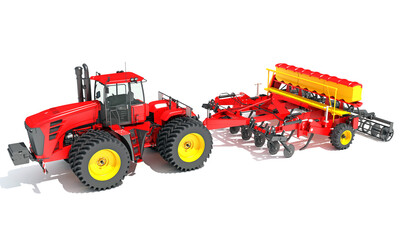 Farm Tractor with Seed Drill 3D rendering on white background