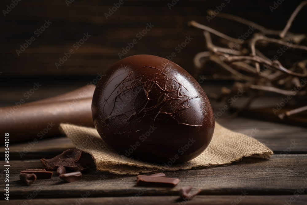Poster chocolate easter egg with colorful wrapping on a fabric background. generative ai