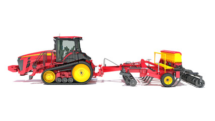 Farm Tractor with Seed Drill 3D rendering on white background