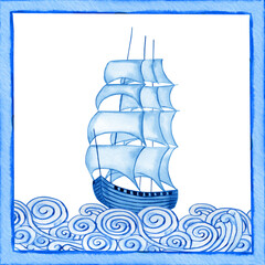 Ceramic tile design in marine style. Blue azulejo depicting a watercolor sailboat on the coast. Traditional mediterranean hand painted Sicilian majolica print.