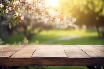 Empty wooden table outdoors, blur Spring blooming trees, nature background, product display template, Generative AI