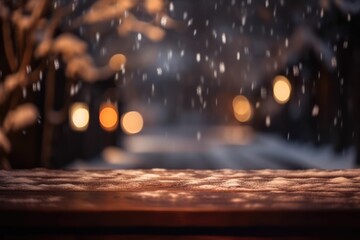Empty wooden table, snow and bokeh lights background.  Christmas, Winter holiday template. Generative AI