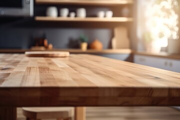 Empty wooden table surface, blur kitchen interior background. Generative AI