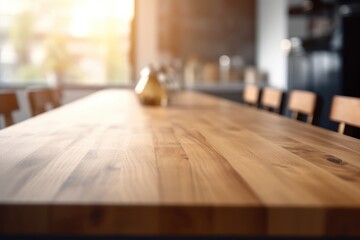 Empty wooden table surface, blur kitchen interior background. Generative AI