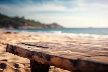 Empty wooden table, blur ocean and island beach background, Generative AI