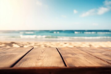 Fototapeta na wymiar Empty wooden table, blur ocean and sandy beach background, Generative AI