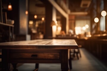 Empty wooden table surface, blur dark cafe restaurant interior background. Generative AI